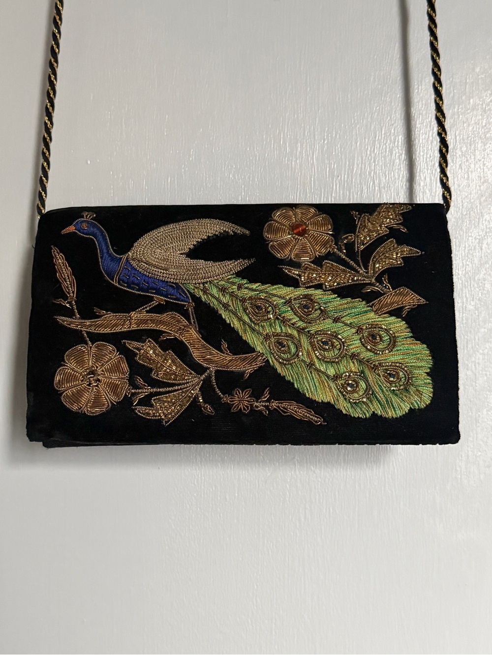 Peacock vintage Embroidered Black Velvet Evening Clutch
